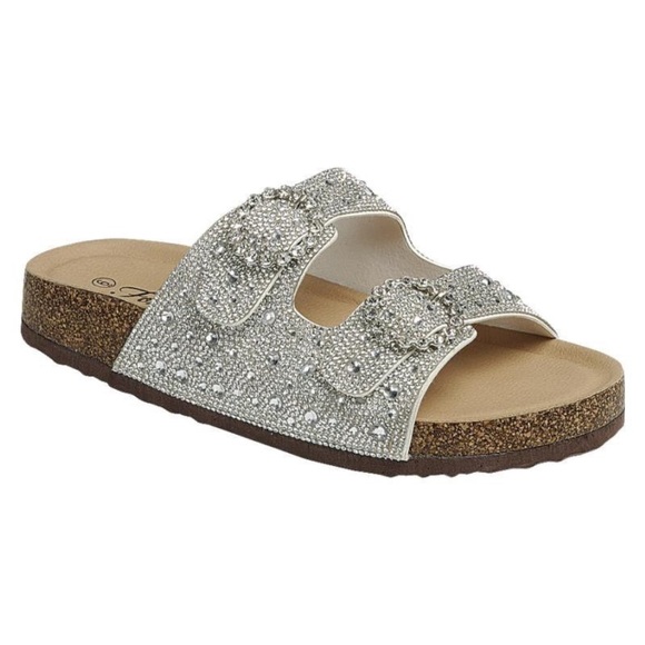 Rhinestone Cork Sole Double Buckle Slide Sandals - Forever - Picture 1 of 1